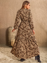 Ruched Printed Notched Long Sleeve Maxi Dress OutfitFlow